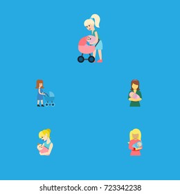 Flat Icon Parent Set Of Mother, Perambulator, Kid And Other Vector Objects. Also Includes Baby, Perambulator, Woman Elements.