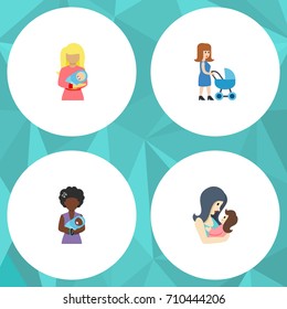 Flat Icon Parent Set Of Newborn Baby, Perambulator, Mam And Other Vector Objects. Also Includes Perambulator, Newborn, Baby Elements.