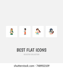 Flat Icon Parent Set Of Newborn Baby, Woman, Child And Other Vector Objects. Also Includes Kid, Mam, Mother Elements.