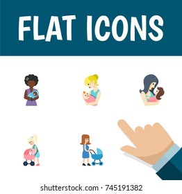 Flat Icon Parent Set Of Perambulator, Newborn Baby, Mother And Other Vector Objects. Also Includes Perambulator, Baby, Mam Elements.