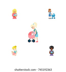 Flat Icon Parent Set Of Perambulator, Mother, Kid And Other Vector Objects. Also Includes Baby, Woman, Perambulator Elements.