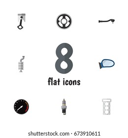 Flat Icon Parts Set Of Auto Component, Silencer, Tachometr And Other Vector Objects. Also Includes Mirror, Muffler, Gasket Elements.