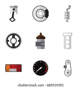 Flat Icon Parts Set Of Cambelt, Belt, Conrod And Other Vector Objects. Also Includes Disk, Gasket, Belt Elements.