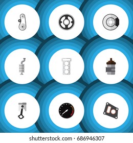 Flat Icon Parts Set Of Cambelt, Silencer, Packing And Other Vector Objects. Also Includes Disk, Metal, Car Elements.