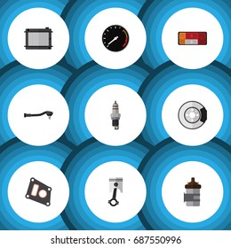 Flat Icon Parts Set Of Conrod, Headlight, Metal And Other Vector Objects. Also Includes Car, Absorber, Tool Elements.