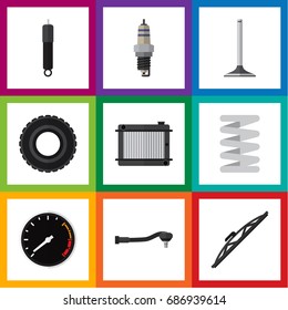 Flat Icon Parts Set Of Crankshaft, Wheel, Car Segment And Other Vector Objects. Also Includes Tire, Speedometer, Engine Elements.