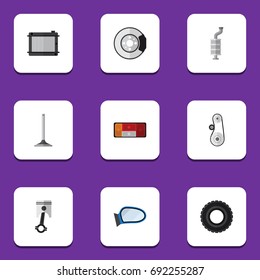 Flat Icon Parts Set Of Headlight, Conrod, Cambelt And Other Vector Objects. Also Includes Wing, Brake, Headlight Elements.