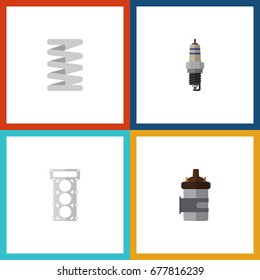 Flat Icon Parts Set Of Spare Parts, Absorber, Crankshaft And Other Vector Objects. Also Includes Combustion, Car, Plug Elements.