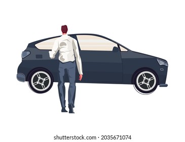 Flat icon with passenger car and back view of man vector illustration