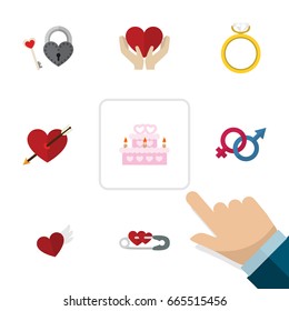 Flat Icon Passion Set Of Wings, Heart, Patisserie And Other Vector Objects. Also Includes Key, Ring, Safety Elements.