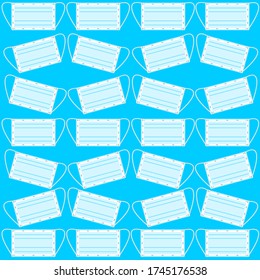 Flat icon pattern blue medical face mask used to prevent spread disease outbreaks covid-19 from coughing or sneezing with dust in the air and germs on blue background vector.