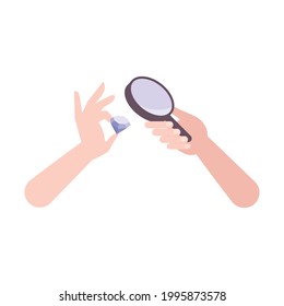 Flat icon with pawnbroker hands holding magnifier and diamond vector illustration