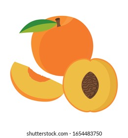 Flat icon peach, half of peach and piece of peach isolated on white background. Vector illustration.