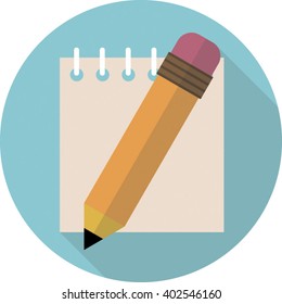 Flat icon of pencil with notepad. Marketing and development theme. Stylish colorful icon. Process of design and painting with crayon, art supplies. Business theme, vector illustration