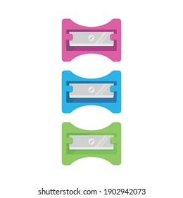 Flat icon pencil sharpener isolated on white background. Pink, blue and green pencil sharpener. Vector illustration.