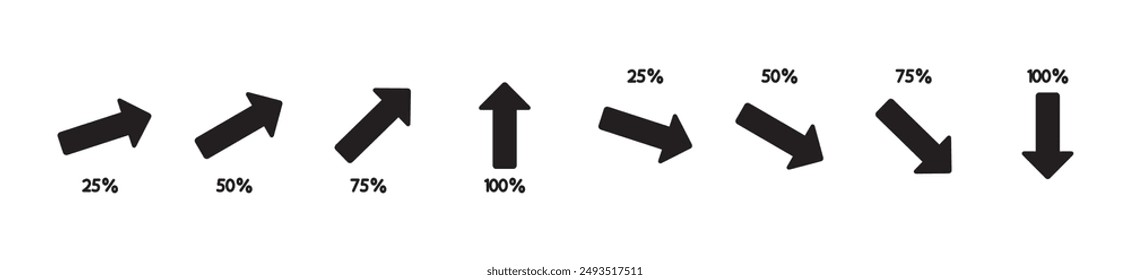 Icono plano de signo de flecha de porcentaje con flechas arriba y abajo, signo de flecha con colección de aumento porcentual de signo de flecha de porcentaje arriba y abajo, crecimiento porcentual y Vector de signo de disminución en transparente.