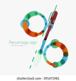 Icono plano de signo de porcentaje. Estilo de contorno lineal hecho de elementos de línea multicolor superpuestos