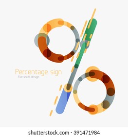 Flat icon of percentage sign. Linear outline style made of overlapping multicolored line elements