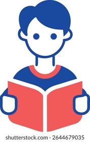 Flat icon of person reading book symbolizing learning, education and knowledge acquisition.