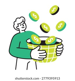 Flat icon of a person saving coins in a money jar.