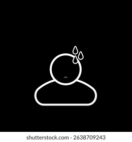 Flat icon of a person sweating with a distressed face, minimalist white lines on a black background, symbolizing anxiety, pressure, or panic attacks