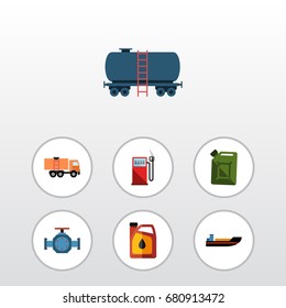 Flat Icon Petrol Set Of Boat, Flange, Jerrycan And Other Vector Objects. Also Includes Fuel, Oil, Tanker Elements.