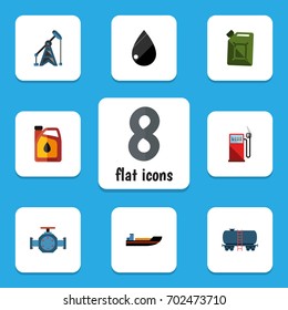 Flat Icon Petrol Set Of Container, Rig, Jerrycan And Other Vector Objects. Also Includes Petrol, Drop, Fuel Elements.