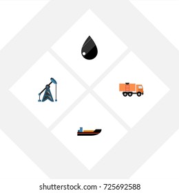 Flat Icon Petrol Set Of Rig, Van, Boat And Other Vector Objects. Also Includes Transport, Rig, Ship Elements.