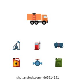 Flat Icon Petrol Set Of Van, Fuel Canister, Jerrycan And Other Vector Objects. Also Includes Oil, Tanker, Lorry Elements.