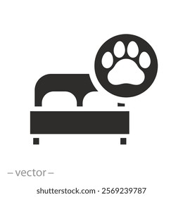 flat icon of pets allowed in the room, hotel information sign, bed with paw print, hotel room, vector illustration, for website, app, ui