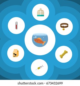 Flat Icon Pets Set Of Bird Prison, Osseous, Temperature Measurement And Other Vector Objects. Also Includes Birdcage, Puppy, Bone Elements.