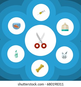 Flat Icon Pets Set Of Bird Prison, Shears, Bunny And Other Vector Objects. Also Includes Aquatic, Hare, Scissors Elements.