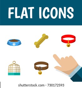 Flat Icon Pets Set Of Bird Prison, Cat  Eating, Kitty Collar And Other Vector Objects. Also Includes Necklace, Dog, Food Elements.