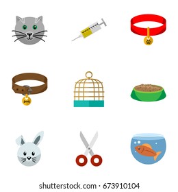 Flat Icon Pets Set Of Bunny, Fishbowl, Vaccine And Other Vector Objects. Also Includes Birdcage, Necklace, Shears Elements.