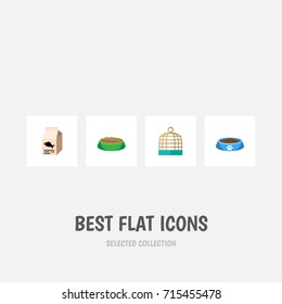 Flat Icon Pets Set Of Cat  Eating, Bird Prison, Rabbit Meal And Other Vector Objects. Also Includes Prison, Box, Rabbit Elements.