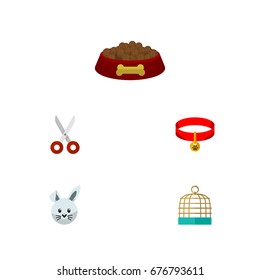Flat Icon Pets Set Of Dog Food, Shears, Bird Prison And Other Vector Objects. Also Includes Hound, Clippers, Shears Elements.