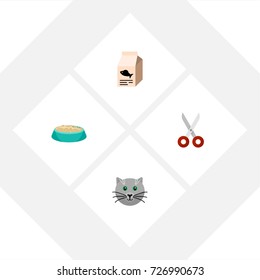 Flat Icon Pets Set Of Feeding, Fish Nutrient, Kitty And Other Vector Objects. Also Includes Pussy, Clippers, Shears Elements.