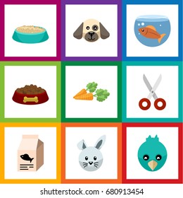 Flat Icon Pets Set Of Fishbowl, Shears, Dog Food And Other Vector Objects. Also Includes Bird, Puppy, Nutrient Elements.