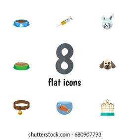 Flat Icon Pets Set Of Hound Necklace, Bunny, Fishbowl And Other Vector Objects. Also Includes Collar, Rabbit, Dog Elements.