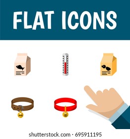 Flat Icon Pets Set Of Hound Necklace, Fish Nutrient, Kitty Collar And Other Vector Objects. Also Includes Collar, Bird, Dog Elements.