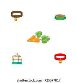 Flat Icon Pets Set Of Hound Necklace, Rabbit Meal, Root Vegetable And Other Vector Objects. Also Includes Cage, Vegetable, Necklace Elements.