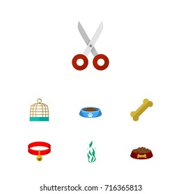 Flat Icon Pets Set Of Kitty Collar, Osseous, Cat  Eating And Other Vector Objects. Also Includes Water, Collar, Prison Elements.
