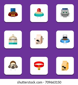 Flat Icon Pets Set Of Puppy, Nutrition Box, Feeding And Other Vector Objects. Also Includes Bird, Necklace, Fish Elements.