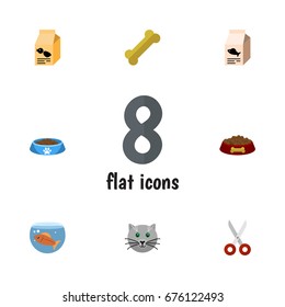 Flat Icon Pets Set Of Shears, Cat  Eating, Nutrition Box And Other Vector Objects. Also Includes Fishbowl, Scissors, Box Elements.