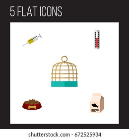 Flat Icon Pets Set Of Temperature Measurement, Fish Nutrient, Bird Prison And Other Vector Objects. Also Includes Box, Prison, Dog Elements.