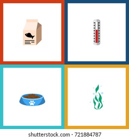 Flat Icon Pets Set Of Temperature Measurement, Cat  Eating, Fish Nutrient And Other Vector Objects. Also Includes Fish, Food, Cat Elements.