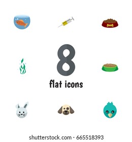 Flat Icon Pets Set Of Vaccine, Seaweed, Fishbowl And Other Vector Objects. Also Includes Fish, Bird, Bunny Elements.