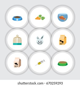 Flat Icon Pets Set Of Vaccine, Nutrition Box, Fishbowl And Other Vector Objects. Also Includes Birdcage, Prison, Vaccine Elements.