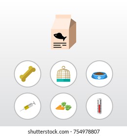 Flat Icon Pets Set Of Vaccine, Osseous, Bird Prison And Other Vector Objects. Also Includes Fish, Bowl, Bone Elements.