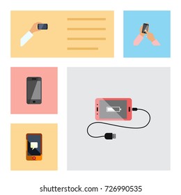 Flat Icon Phone Set Of Interactive Display, Accumulator, Smartphone And Other Vector Objects. Also Includes Cellphone, Charge, Display Elements.